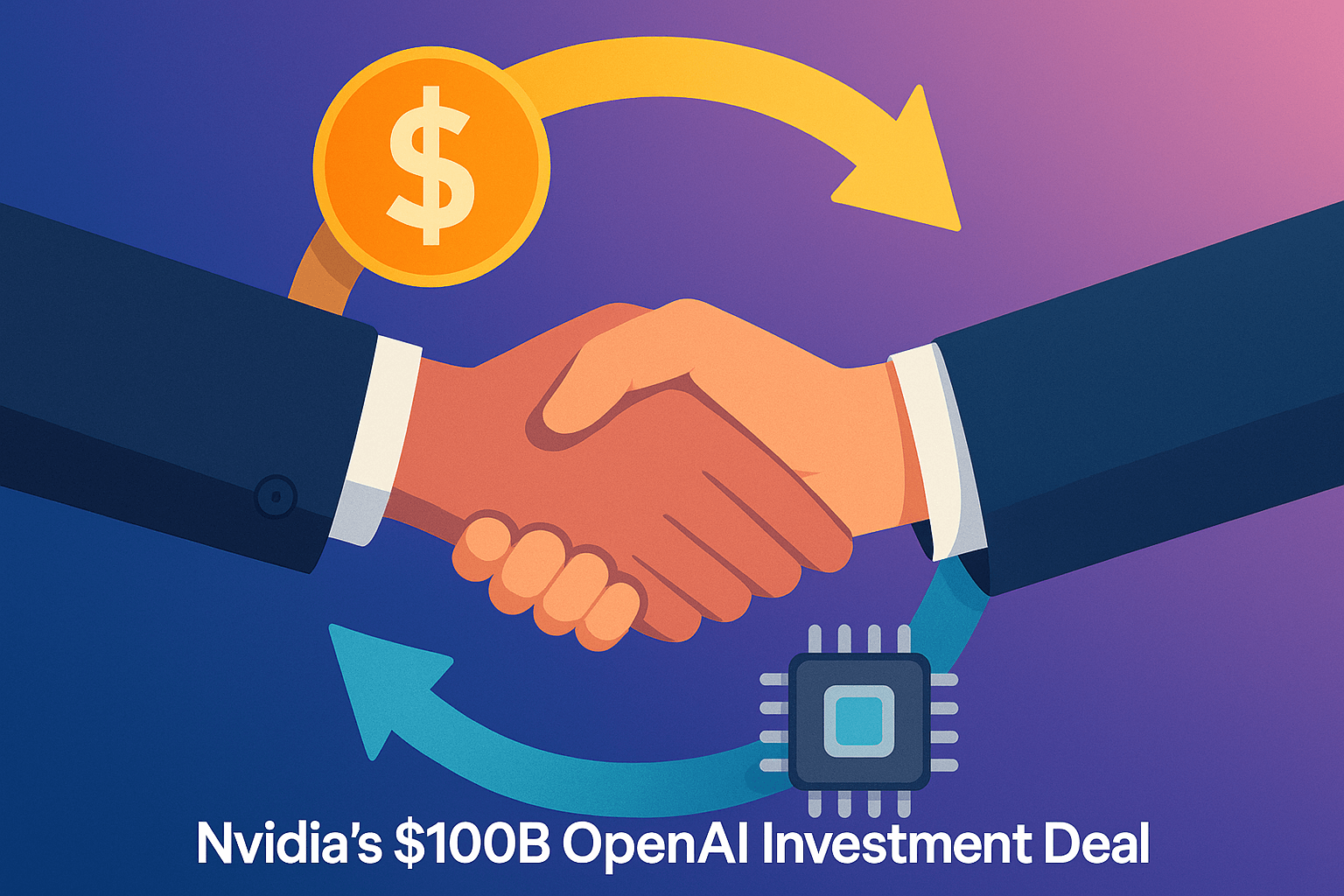 Handshake transforming into circular arrows of money and computer chips