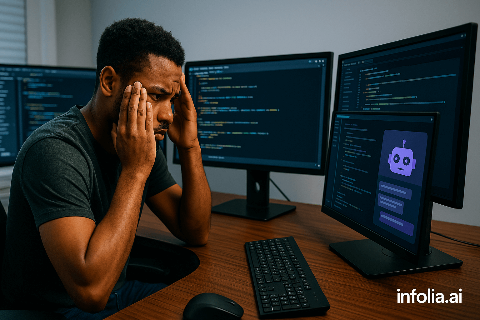 Developer looking frustrated at multiple monitors showing code and AI assistants